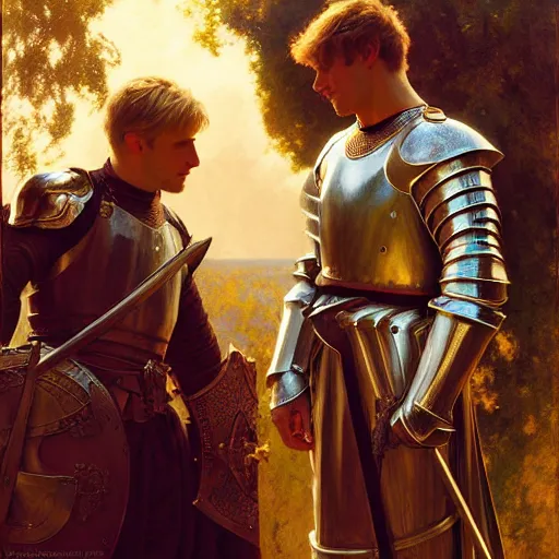 Image similar to attractive arthur pendragon and his attractive male knight, they are in love, natural lighting, path traced, highly detailed, high quality, digital painting, by gaston bussiere, craig mullins, alphonse mucha j. c. leyendecker