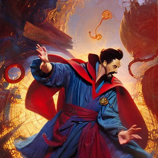 Image similar to the third first image on the scattered absurdity server, dr strange and dr seuss, very pretty, photorealistic, portal hopping and time warping with reckless abandon, highly detailed painting by gaston bussiere, craig mullins, j. c. leyendecker