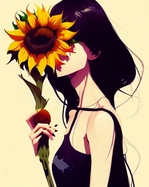 Image similar to a ultradetailed beautiful panting of a stylish woman holding a sunflower, by conrad roset, greg rutkowski and makoto shinkai, trending on artstation