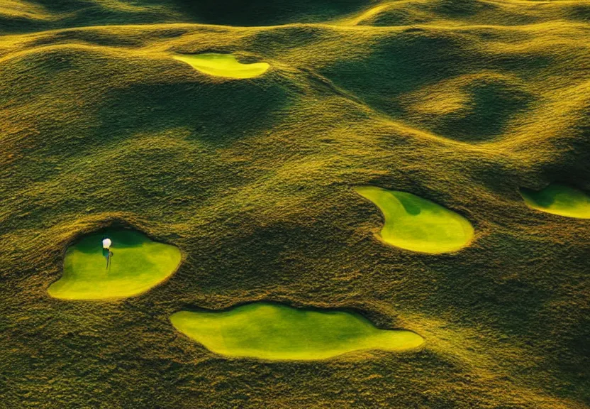 Image similar to double exposure birds eye view of an infinite perfect elysian dreamlike green hilly pastoral psychedelic golf course landscape with stone walls under stars consisting of memory trapped in eternal time, golden hour, dark sky, evening starlight, stone walls, haunted psychedelic Polaroid by Hiroshi Yoshida