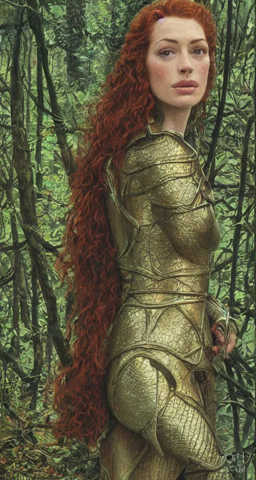 Prompt: Detailed painting of a curly redhead anne hathaway wearing elven armor in a forest landscape by Ted Nasmith