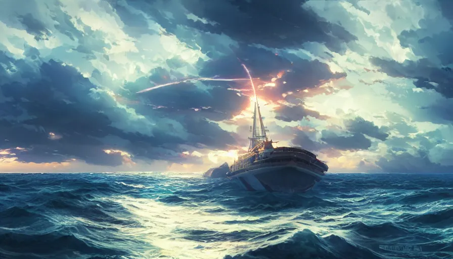 Prompt: ship sailing at sea, dynamic blue sky, storm sky, with blue light piercing through clouds, makoto shinkai,, lighting refraction, volumetric lighting, pixiv art, highly detailed, anime art, greg rutkowski, symmetrical, artgerm, wlop, anime art