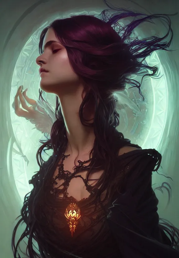 Image similar to Necromancer Sorceress in center, fantasy magic, undercut hairstyle, dark light night, intricate, elegant, sharp focus, illustration, highly detailed, digital painting, concept art, matte, art by WLOP and Artgerm and Greg Rutkowski and Alphonse Mucha, masterpiece