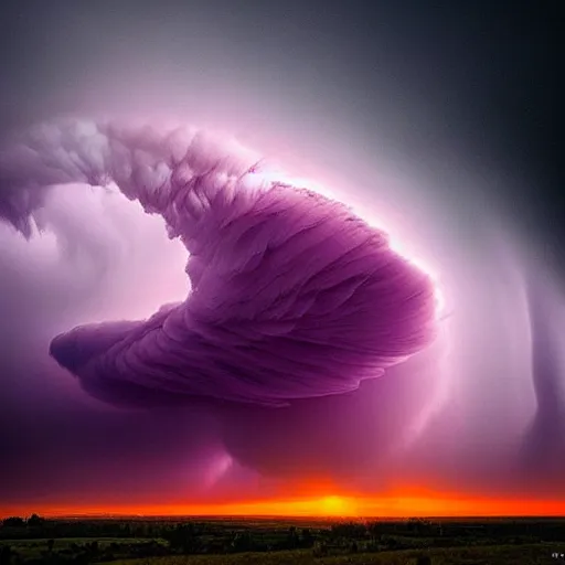 Image similar to amazing photo of a purple clouds in the shape of a tornado by marc adamus, beautiful dramatic lighting