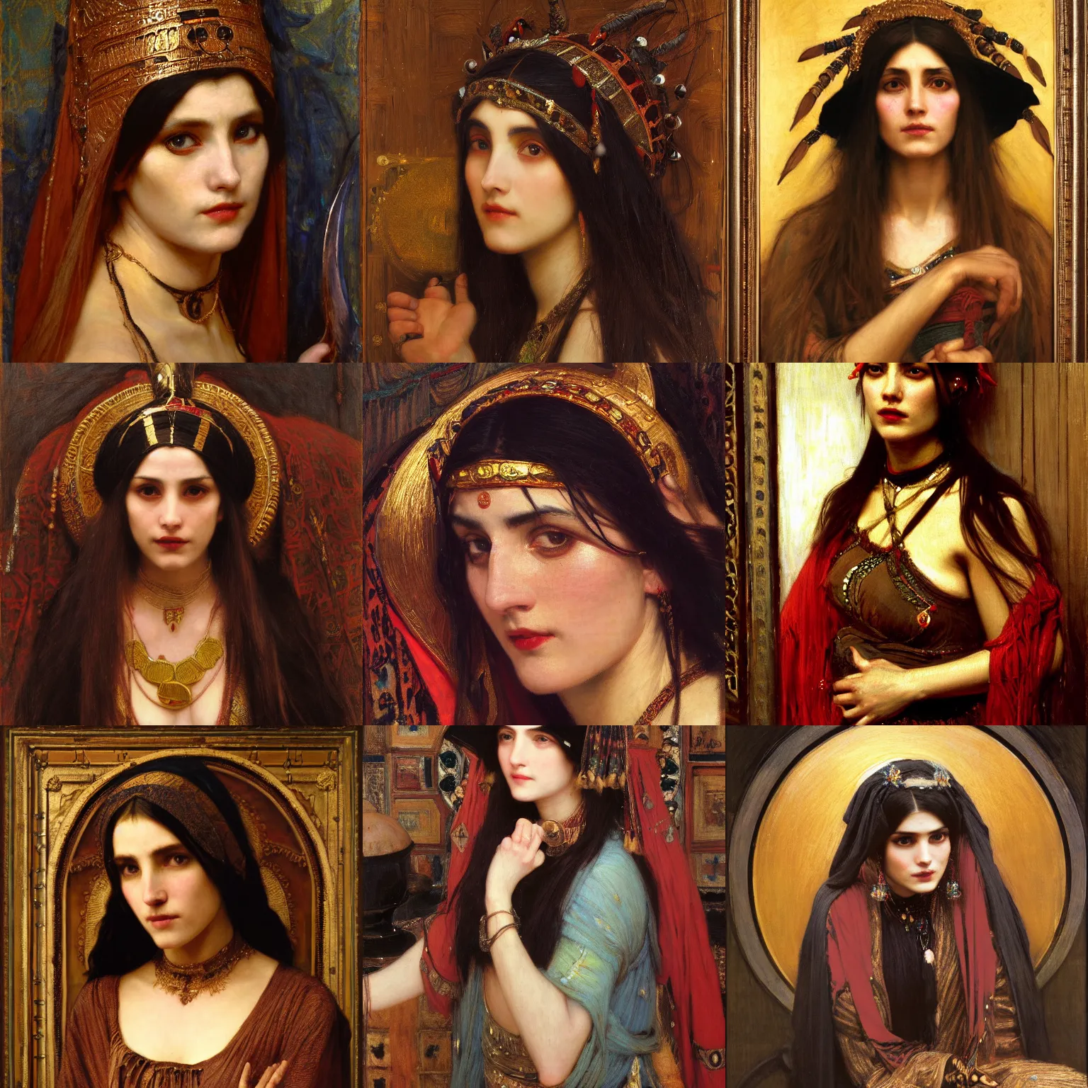 Prompt: orientalist painting of a witch wearing a bronze headdress intricate portrait by john william waterhouse and Edwin Longsden Long and Theodore Ralli and Nasreddine Dinet, oil on canvas. Cinematic, hyper realism, dramatic lighting, high detail 8k
