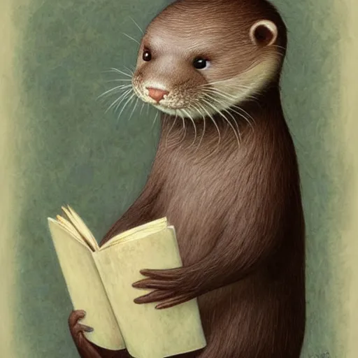 Prompt: an otter abbot reading his book, fantasy concept art by nicoletta ceccoli, mark ryden, lostfish, max fleischer