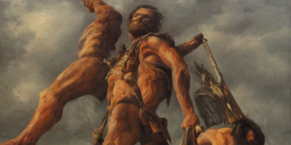 Image similar to high quality high detail painting, dead giant goliath, david standing next to the body