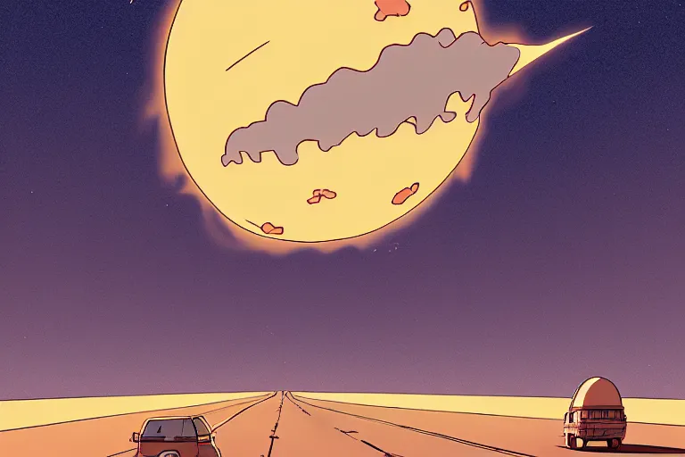 Prompt: a study of a cell shaded cartoon of a giant meteor falling at night on a desert road, full body, wide shot, very muted colors, post grunge, studio ghibli, laurie greasley, highly detailed, deviantart, art by artgem