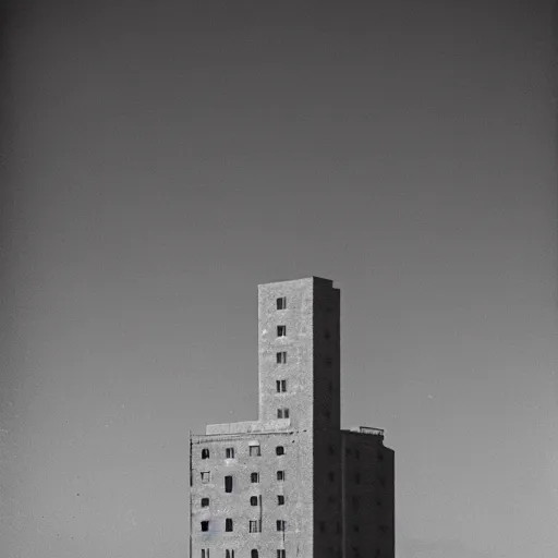 Image similar to Photograph of a tall soviet communist european residential block standing lonely in a desert, after dawn