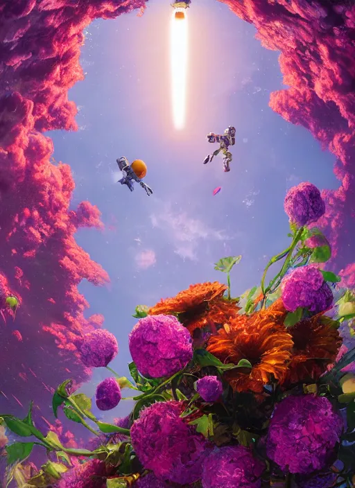 Image similar to An epic fantastic realism comic book style painting of the most beautiful flowers launched into space, bouquets, orbital,fisheye lens, unreal 5, DAZ, hyperrealistic, octane render, dynamic lighting