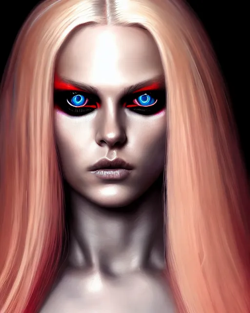 Prompt: ultra realist and ultra intricate detailed soft painting of a beautiful Gangrel female, thin lustrous long blond hair shaved on one side, symmetry features, glowing red eyes, sensual gloomy style, volumetric clouds, artstation, unreal render, depth of field