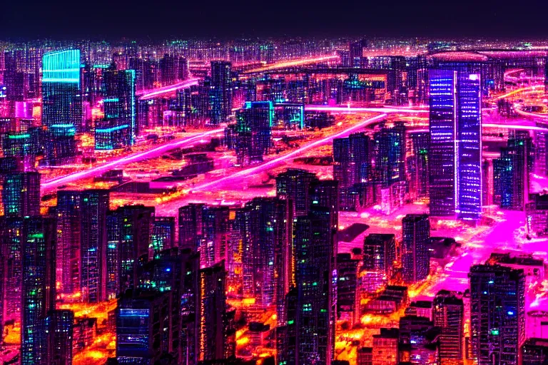 Prompt: an arial view of a cyber city at night, a lake in front, pink and blue neon skyscrapers, roads made of circuit boards and ethernet cables,