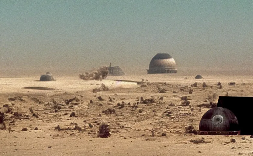 Prompt: cinematic still image of the imperial empire design mexican boarder wall, death star crashed in mexican desert scene from 1 9 8 0 s star wars empire strikes back, 3 5 mm imax, moody iconic scene, action scene, beautiful detailed scene, color kodak, directed by kubrick