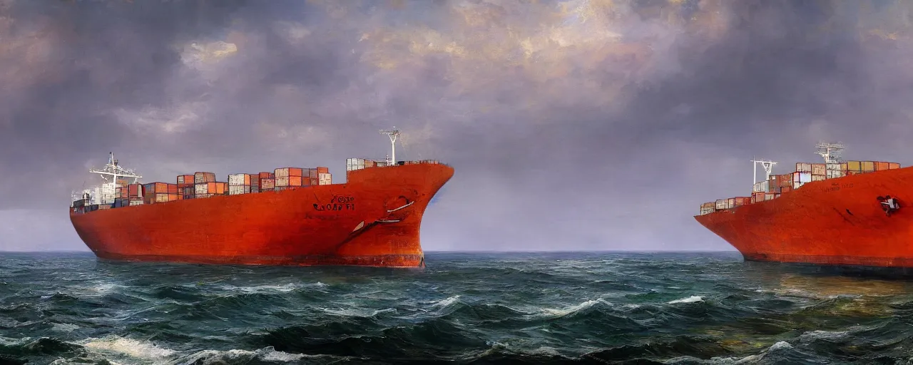 Prompt: paintifng of seasoned rusty container ship containership near mountain sea shore by repin, matte painting, detailed, amazing, 4k resolution