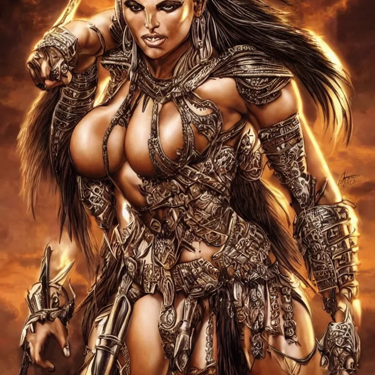 Image similar to adriana chechik as an amazon warrior, a tall beautiful woman with brown skin and long hair, dressed in hellenistic body armor, intricate, elegant, highly detailed, smooth, sharp focus, detailed face, art by ardian syaf