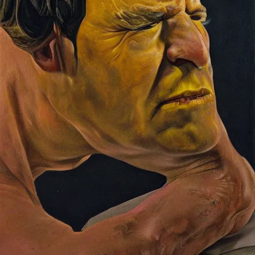 Image similar to high quality high detail painting by lucian freud, hd, portrait of yellow tarantino