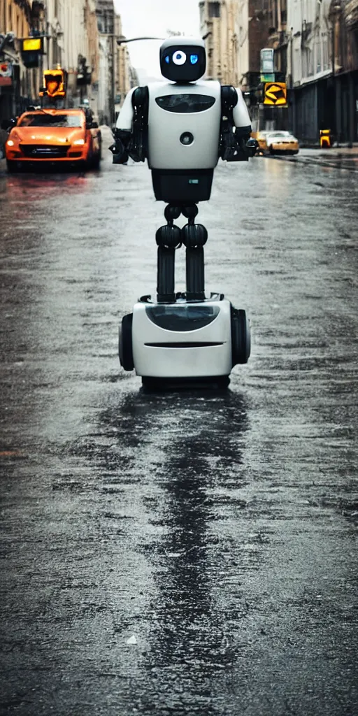 Image similar to robot on the road, city, photo, rain,