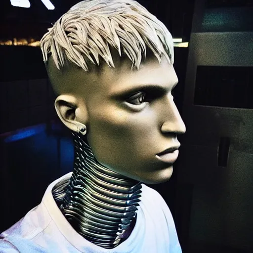 Image similar to “a realistic detailed photo of a guy who is an attractive humanoid who is half robot and half humanoid, who is a male android, rapper Machine Gun Kelly, shiny skin, posing like a statue, blank stare”