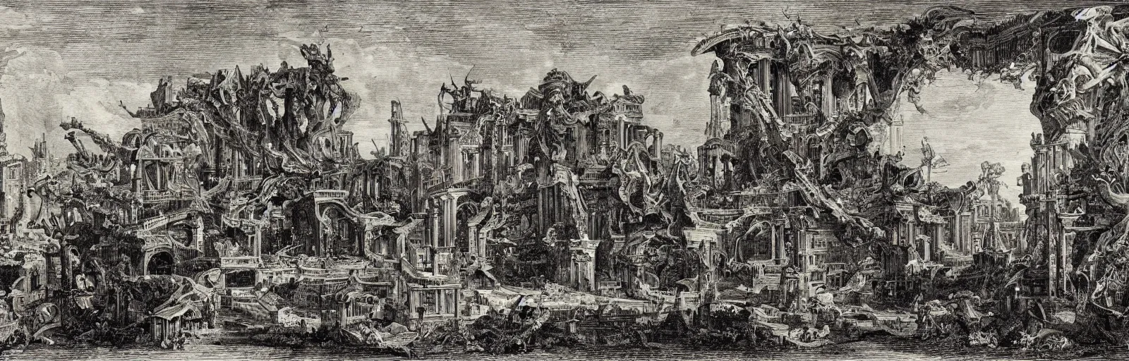 Prompt: a imaginative and theatrical architectural landscape, etching by giovanni battista piranesi