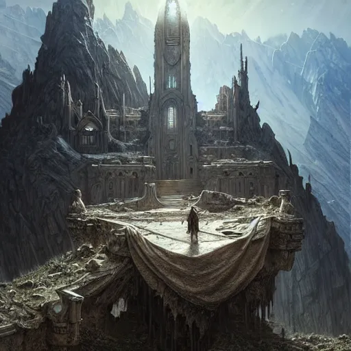 Image similar to concept art of a ruined post - apocalyptic sci - fi monastery at the top of a mountain, ultra realistic, concept art, intricate details, eerie, highly detailed, photorealistic, octane render, 8 k, unreal engine. art by artgerm and greg rutkowski and alphonse mucha