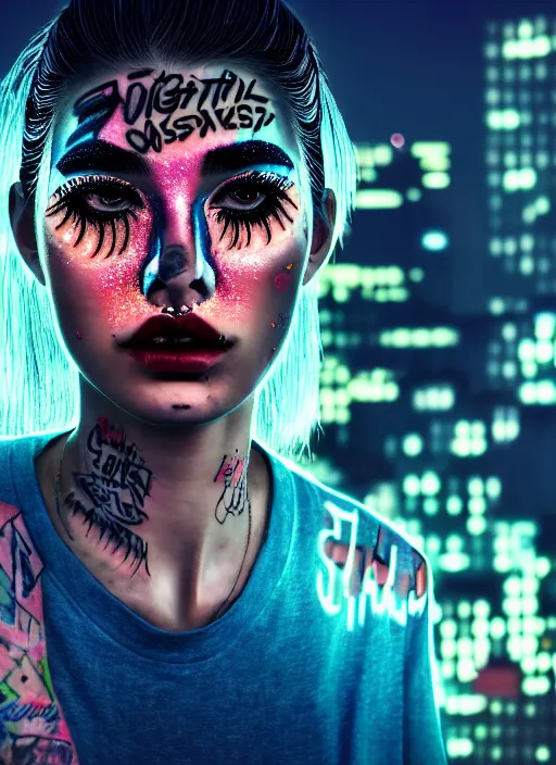 Image similar to digital painting of a streetwear woman wearing thick mascara, crying, a city burns in the background, police lights, distress, tattoos, dark glitter, Cinestill 50d, 4k, 8k, hd, full color, octane render, trending on artstation, highly detailed