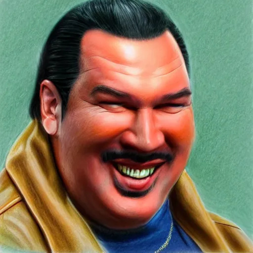 Image similar to a pastel drawing of early 90's Steven Seagal with a big smile on his face, highly detailed, bright, trending on artstation