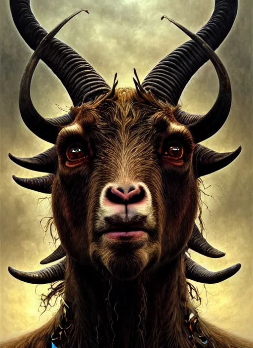 Prompt: portrait shot of a demonic goat, a scenic dystopian environment, intricate, elegant, highly detailed, centered, digital painting, artstation, concept art, smooth, sharp focus, illustration, artgerm, tomasz alen kopera, peter mohrbacher, donato giancola, joseph christian leyendecker, wlop, boris vallejo