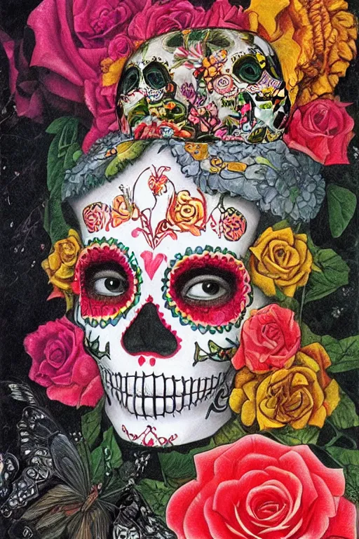 Image similar to Illustration of a sugar skull day of the dead girl, art by james c christensen