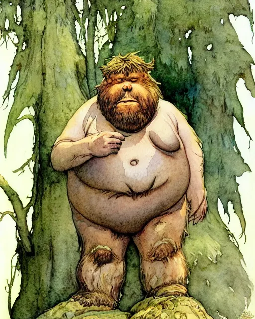 Prompt: a realistic and atmospheric watercolour fantasy character concept art portrait of a short fat bigfoot in the forest. by rebecca guay, michael kaluta, charles vess and jean moebius giraud