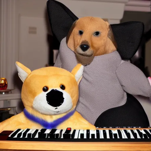 Prompt: an adorable plush corgui dog playing a keyboard in the middle of a party.