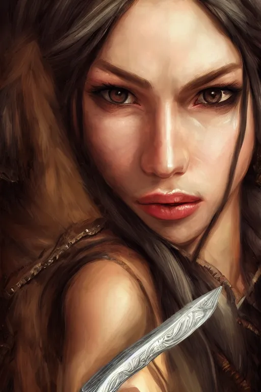 Image similar to hyper realistic, DnD portrait of a young thief girl with long dark hair and an eye path, holding a dagger between her teeth, masterpiece, trending on artstation, award-winning, 8k hq