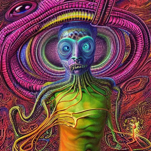 Prompt: ''realistic full body alien looking into my soul with its third eye fluorescent razorwired steampunk hair body made of flowing snakes and microbial bacteria hyperrealistic detailed intricate sci fi cyberpunk peter max colors beksinski dmt ayahuasca 4k highly detailed realistic geometric pattern in the background merkabah flower of life ''