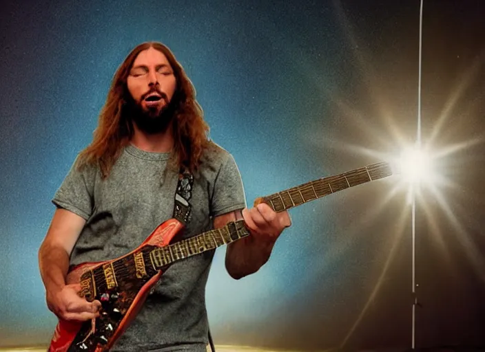 Image similar to metal jesus rocks playing an electric guitar in front of an audience of angels, movie still, 8 k