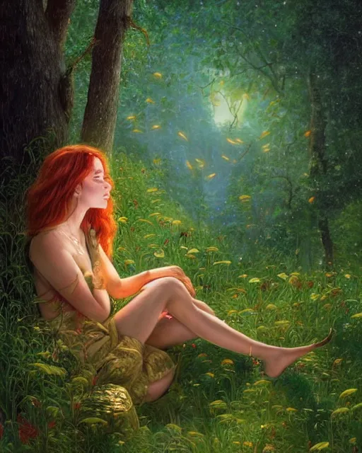 Image similar to a young woman, admiring the lights of golden fireflies, sitting in the midst of nature fully covered, long loose red hair, intricate linework, green eyes, small nose with freckles, oval shape face, soft happy smile, realistic, expressive emotions, mystical scene, hyper realistic ultrafine detailed illustration by james jean, albert bierstadt and artgerm