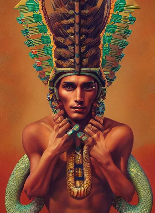 Image similar to portrait of aztec masculine god quetzalcoatl, by bogdan rezunenko and denys tsiperko and tom bagshaw, magic realism