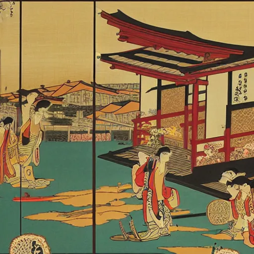 Prompt: The Feudal City of Kyoto, Ukiyoe Oshika Painting, Detailed, complex colour scheme, featured on louvre