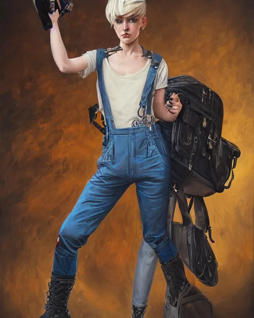 Prompt: a full body portrait of a beautiful androgynous punk girl with short hair and beautiful eyes, beautiful face, wearing tall combat boots, who is a mechanic wearing overalls carrying a bag, digital concept art, detailed digital painting, ornate decorative background, by j. c. leyendecker and edward blair leighton and charlie bowater, trending on artstation