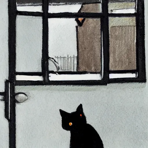 Image similar to sad black cat outside clawing at window, by Tom hammick