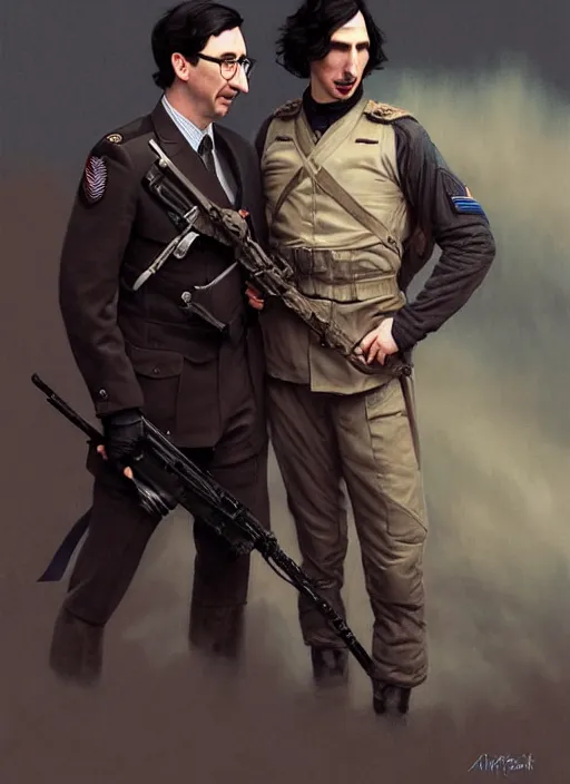 Prompt: painting of both john oliver and adam driver together, john oliver in front, full body, military uniform, fantasy, elegant, beautiful, highly detailed, centered, dark, smokey, digital painting, concept art, smooth, sharp focus, illustration, deviant art, art by artgerm, art by greg rutkowski, art by alphonse mucha