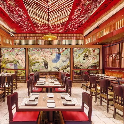 Image similar to a beautiful hyperdetailed 4 k hd wallpaper illustration interior of roasted string hotpot restaurant restaurant yan'an, wall painting, from china, with merchant logo, fine delicate structure, chinese style, victo ngai