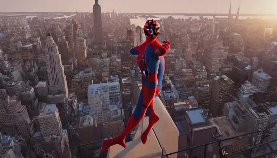 Image similar to spider - man on top of a building in new york watching the sunset, unreal engine 5, render, cg society