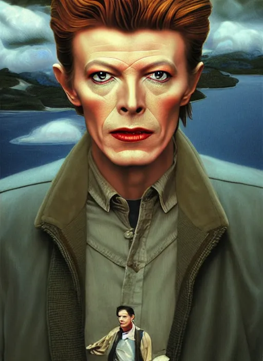 Prompt: twin peaks poster art, portrait of david bowie arriving in small town, by michael whelan, rossetti bouguereau, artgerm, retro, nostalgic, old fashioned