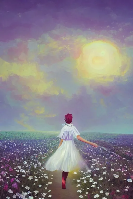 Prompt: giant white daisy flowers over head veil, girl walking in a flower field, surreal photography, sunrise, dramatic light, impressionist painting, colorful clouds, digital painting, artstation, simon stalenhag