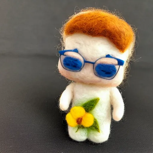 Prompt: funko pop of a bread toast wearing eyeglasses and a blue flower, needle felting art
