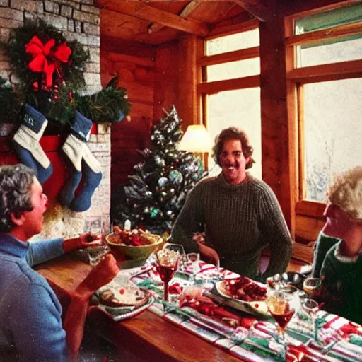 Prompt: Christmas 1985, drunk at christmas lunch, mountain chalet, fireplace, cozy