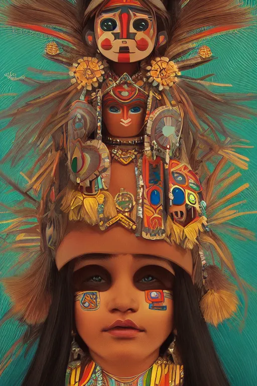 Image similar to A beautiful portrait of Hopi kachina dolls, symmetrical features, cinematic lighting, soft bokeh, fantasy, modern, colourful, highly detailed, digital painting, artstation, deviantart, concept art, sharp focus, illustration, by alphonse mucha