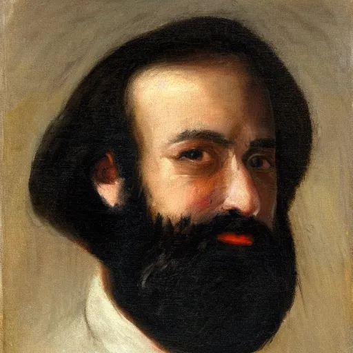 Image similar to A portrait of a man. He has black hair, a black beard, oil painting