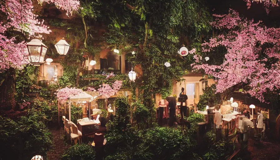 Prompt: a 35mm film still of a very surreal magical European hospital with a cafe in a lush waterfall garden, falling cherry blossoms pedals, in the style of Gucci and Wes Anderson glowing lights and floating lanterns, foggy atmosphere, rainy, moody, muted colors, magic details, very detailed, 8k, cinematic look