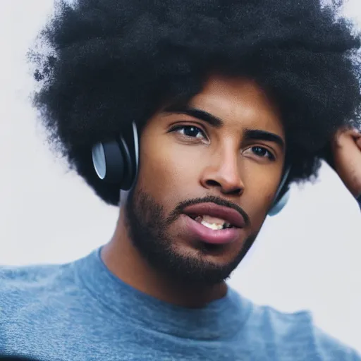 Image similar to portrait of black man with afro wearing headphones, looking cool, hd