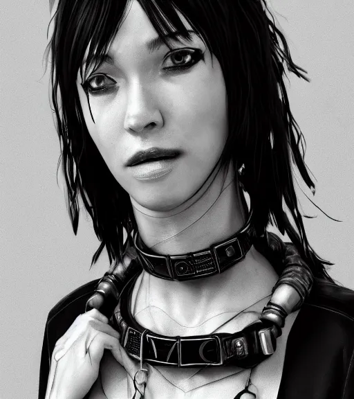 Image similar to detailed realistic female character cyberpunk wearing thick collar around neck, realistic, art, beautiful, 4K, collar, choker, collar around neck, punk, artstation, detailed, female, woman, choker, cyberpunk, neon, punk, collar, choker, collar around neck, thick collar, tight around neck, punk,